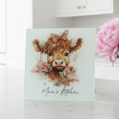 Highland Cow Blush Roses Chopping Board 30cm