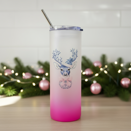 Preppy Christmas Deer Pink Skinny Glass Tumbler 25oz