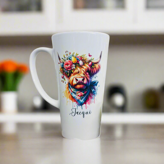 New Latte Ceramic Mug 17oz Highland Cow Bright Neon Easter inc Box