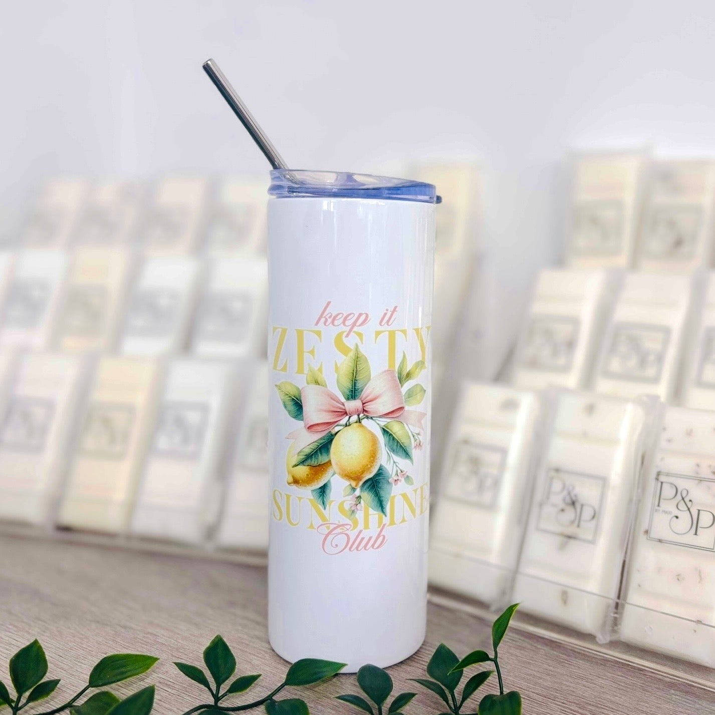 White Tumbler with Fruits With Bows