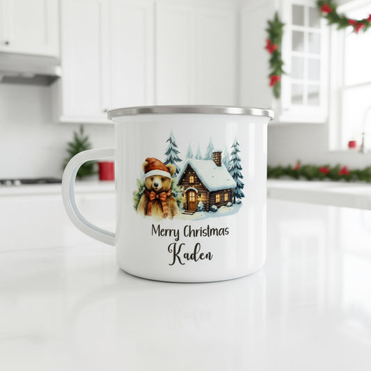 Metal Enamel Mug - Christmas Teddy Bear Village
