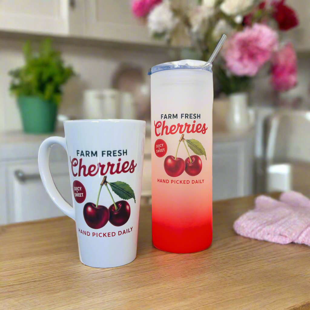 Farm Fresh Cherries duo 17oz Latte Mug & Red Neon 21oz Tumbler