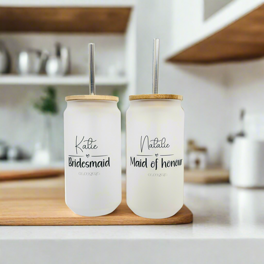 Bridesmaid/ Bride Heart Frosted Glass Can 18oz Tumbler