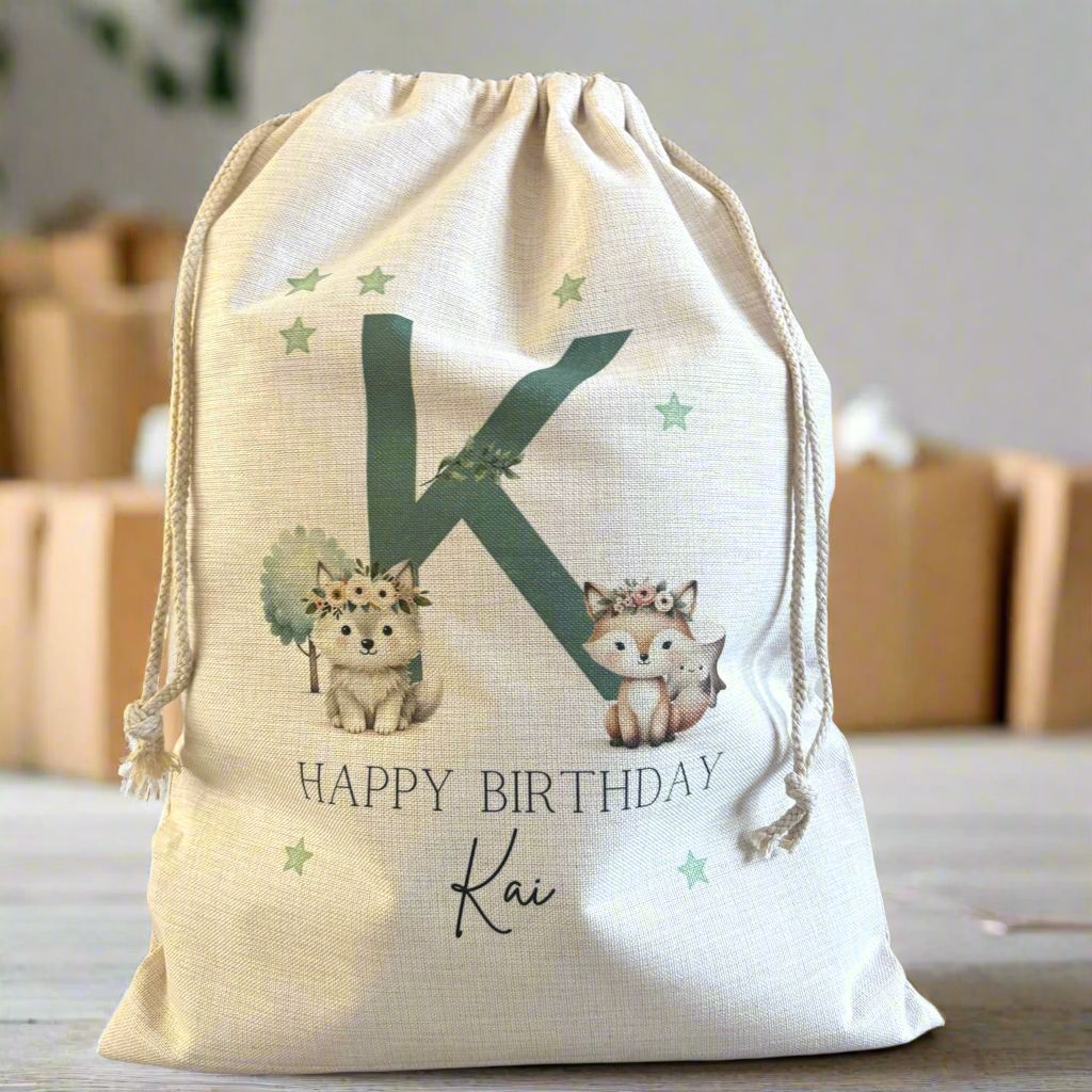 Initial Green Woodlands Design Birthday Sack