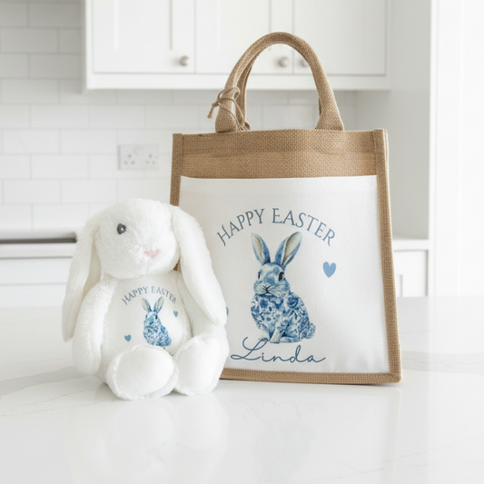 Blue Floral Rabbit Teddy and Tote bag Bundle