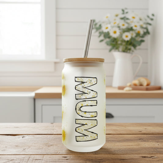 Mum Daffodil Frosted Glass Can 18oz Tumbler