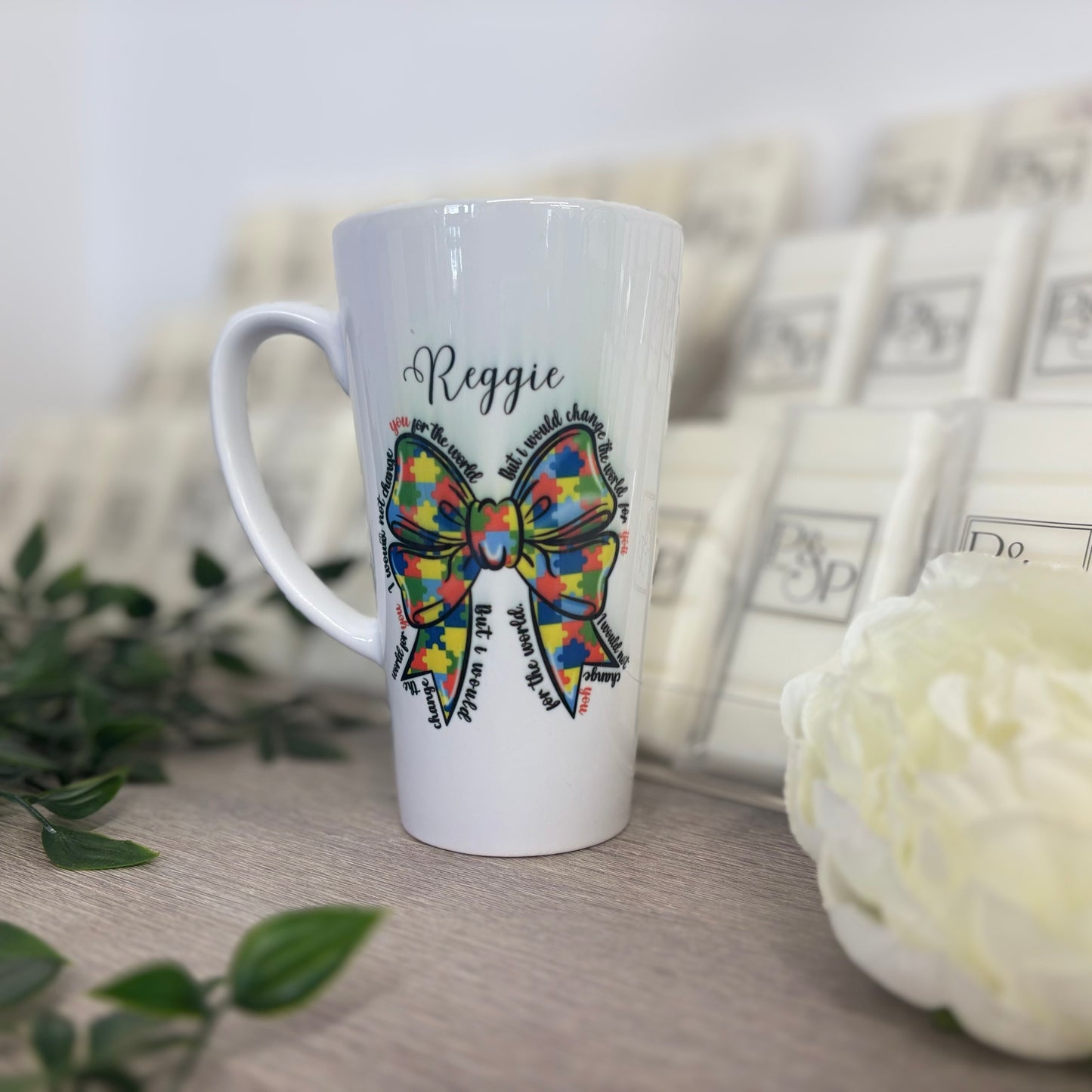 Latte Mug Name: “Reggie” Autism Bow