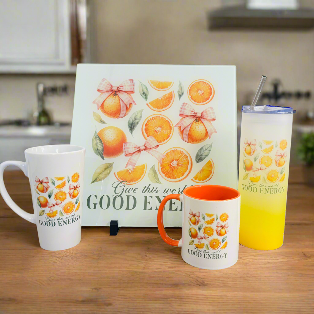 Orange Good Energy Bundle: Splashback, 17oz Mug, 11oz Mug, Yellow Neon Glass Tumbler