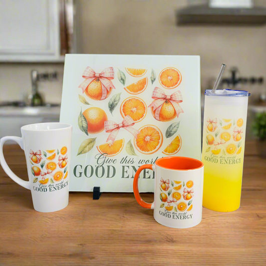Orange Good Energy Bundle: Splashback, 17oz Mug, 11oz Mug, Yellow Neon Glass Tumbler