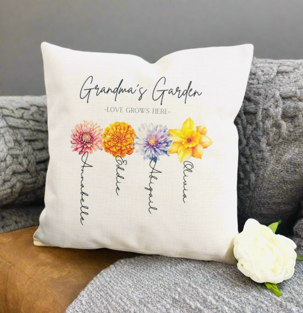 Love Grows Here - 40cm Filled Cushion (Don’t forget to leave us the name for who’s Garden this is)