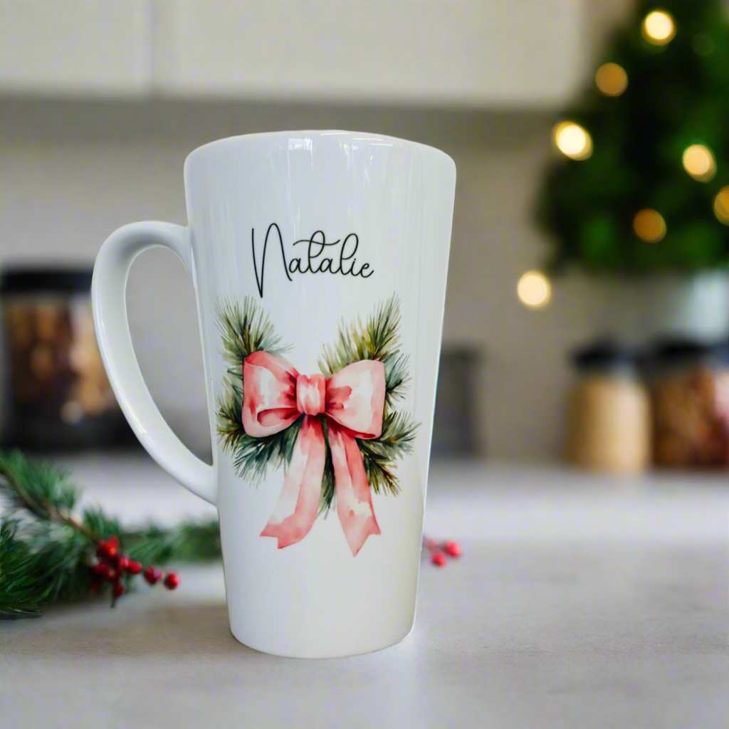 Pink Pine Bow Latte Ceramic Mug 17oz inc Box