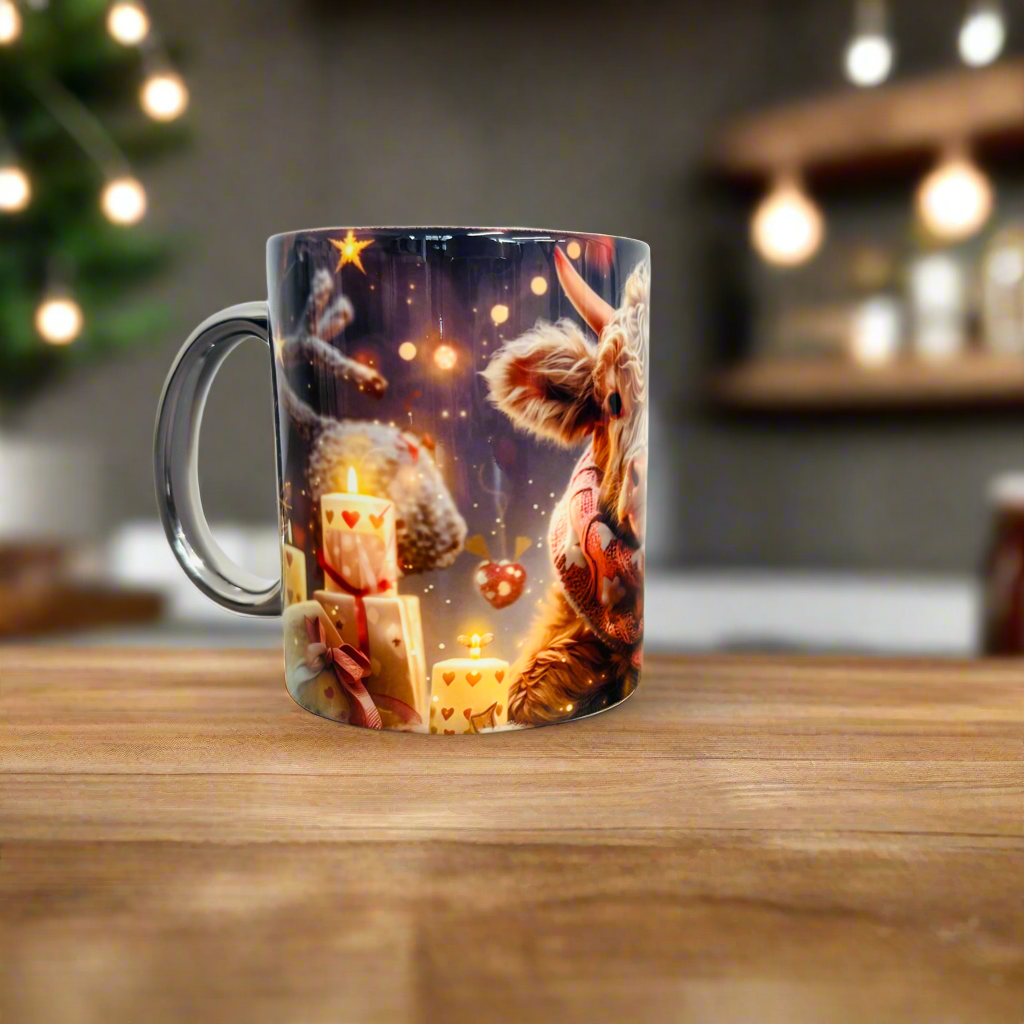 Christmas Highland Cow Flower Scarlf Mug