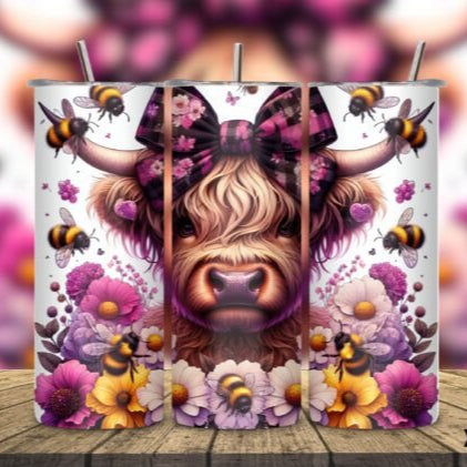 Dark Pink/ Purple Bee Highland Cow Skinny Tumbler