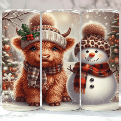 Highland Cow and Snowman Neutral Skinny Tumbler 600ml