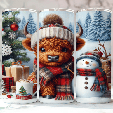 Highland Cow and Snowman Blue Skinny Tumbler 600ml