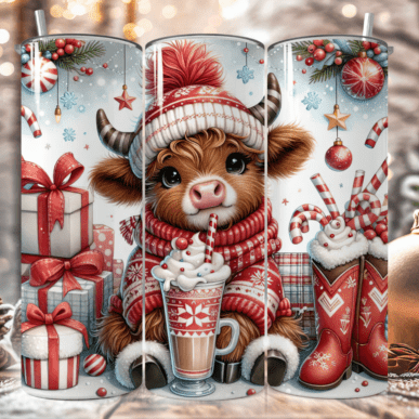 Red Christmas Highland Cow Skinny Tumbler 600ml