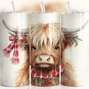 Highland Cow Christmas Tartan Scalf Skinny Tumbler 600ml