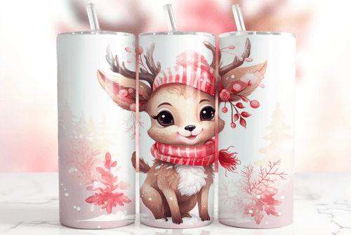 Brown Cute Reindeer With Pink Scalf Christmas Skinny Tumbler 600ml