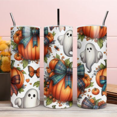 Pumpkin and Ghosts Halloween Skinny Tumbler