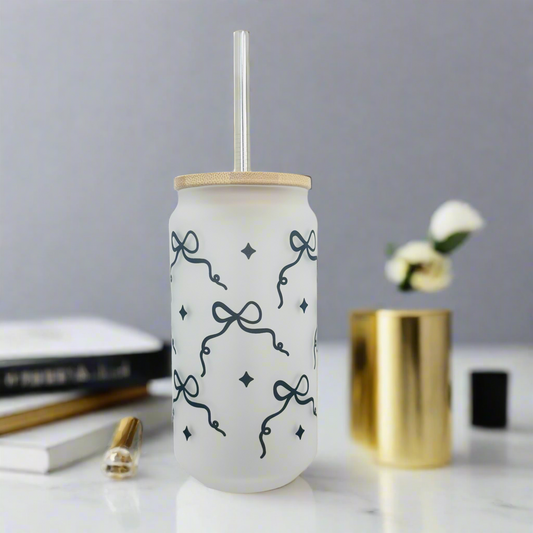 Black Bow Frosted Glass Can 18oz Tumbler