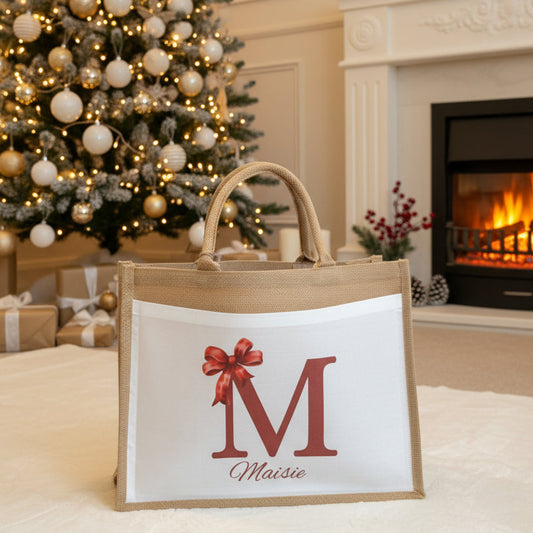 Christmas Eve Tote Bag- Initial Bow