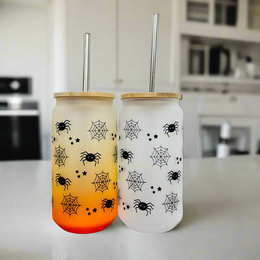 Spider and Spider Webs Frosted Glass Can 18oz Tumbler