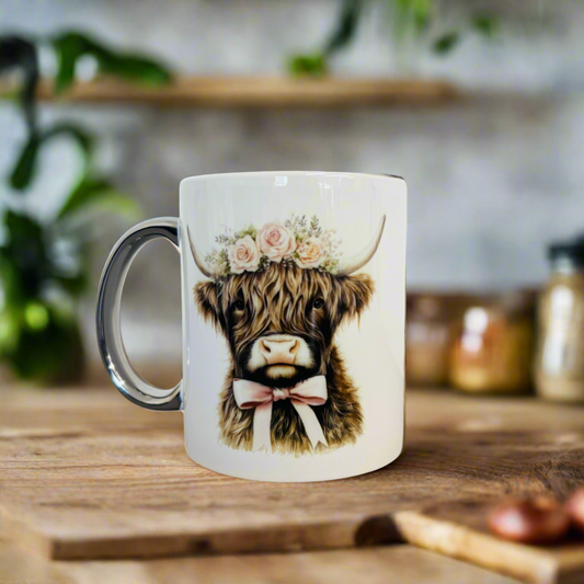 Dark Light Brown Highland Cow silver handle mug