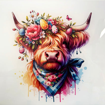 Rainbow Easter Highland Cow 30cm Chopping Board