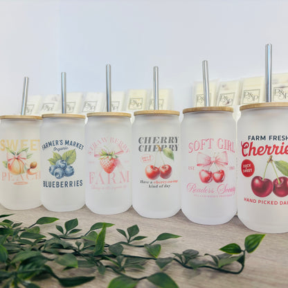 Glass Can Vintage Fruits Bamboo Lid / Metal Straw 18oz Tumbler