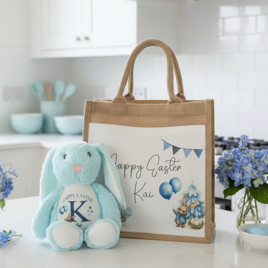 Initial Blue Bunny Teddy and Tote bag Bundle