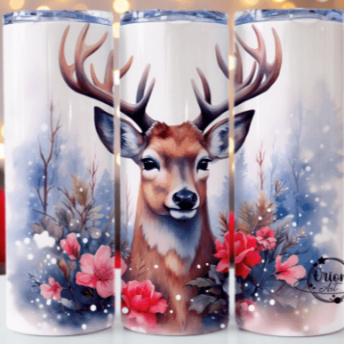 Blue and Red Scene Stag Christmas Skinny Tumbler 600ml