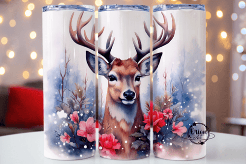 Blue and Red Scene Stag Christmas Skinny Tumbler 600ml