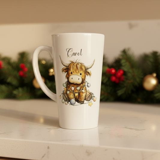Cute Highland Cow With Fairy Lights Latte Ceramic Mug 17oz inc Box