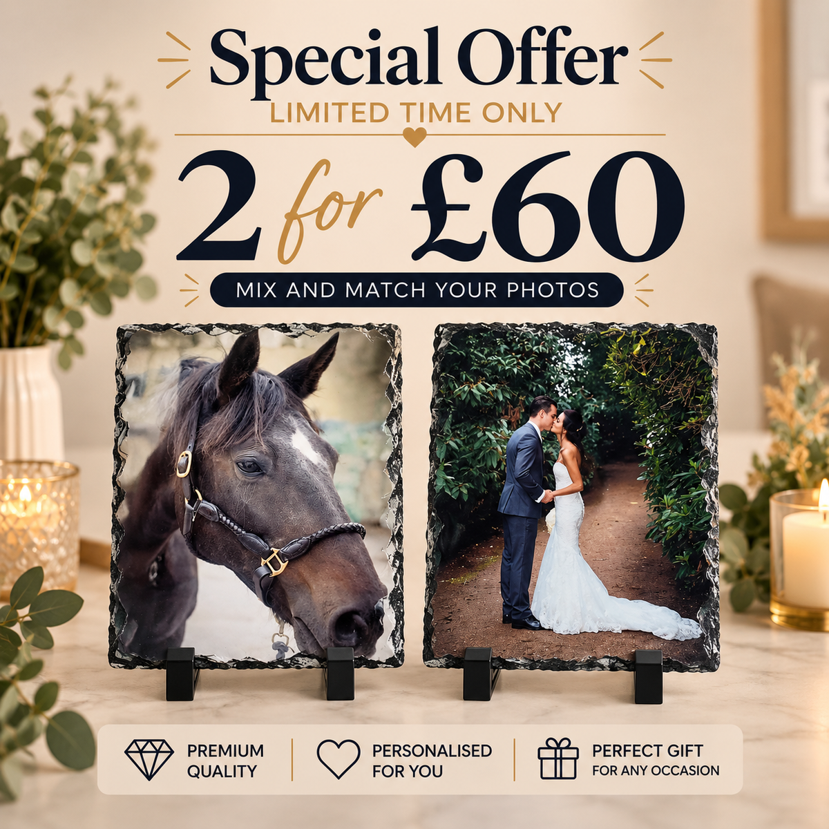 2 for £60 Gloss Photo Slate Rectangle (14cmx 19cm)