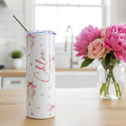 Pink Bows with Small Hearts Named Tumbler