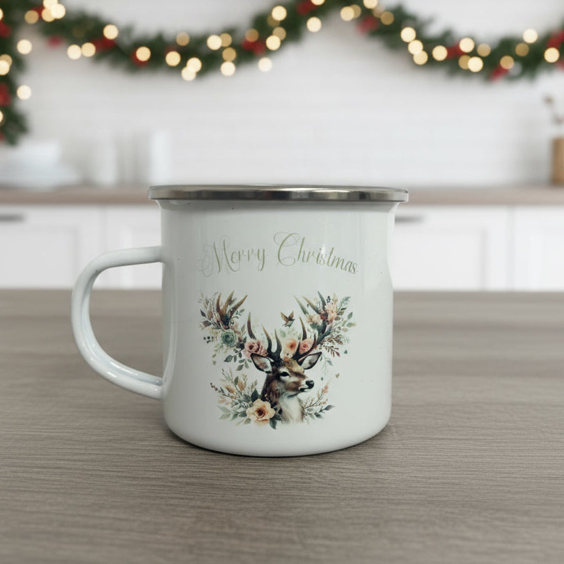 Metal Enamel Mug - Floral Reindeer