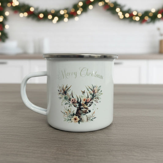Metal Enamel Mug - Floral Reindeer