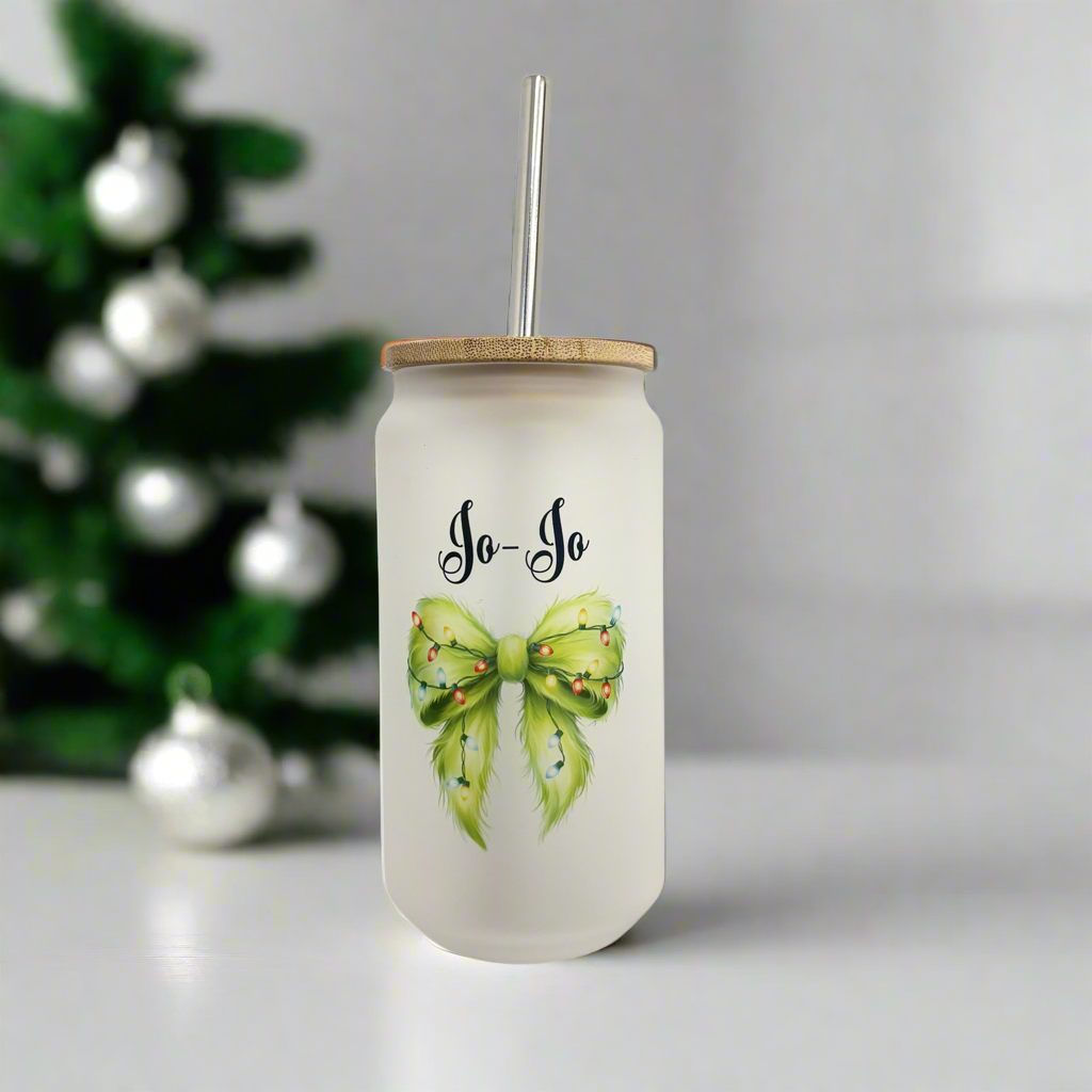 Green Fuzzy Bow Glass Can 18oz Tumbler