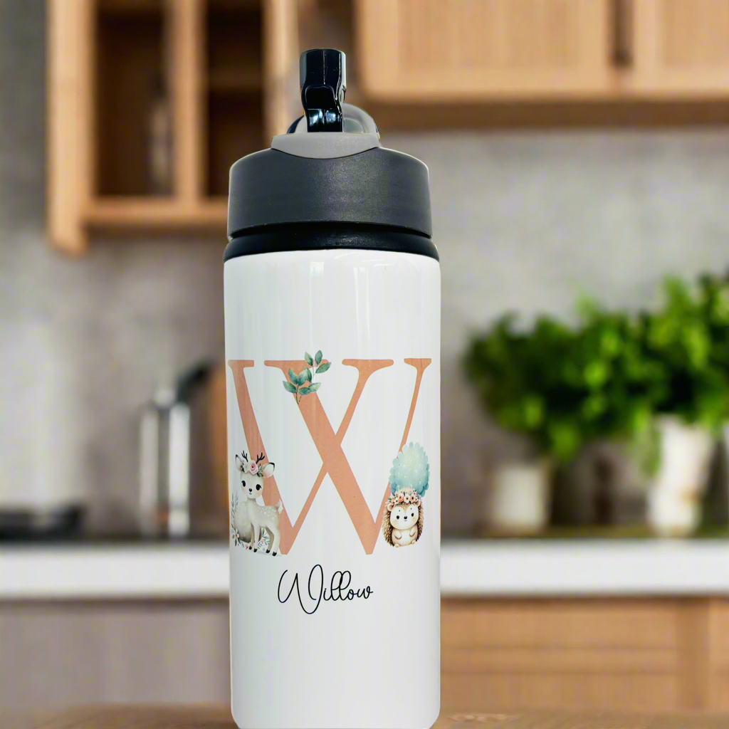 Woodland reindeer and hedgehog  Initial Sports Bottle