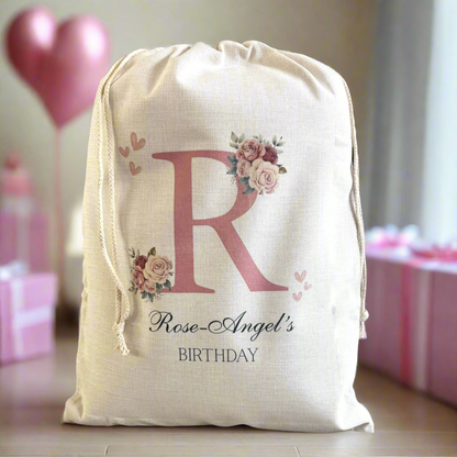 Pink Floral Initial Birthday Sack