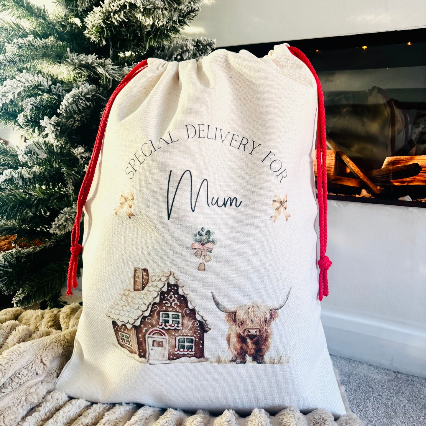Highland Cow Christmas House Santa Sack