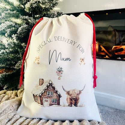 Highland Cow Christmas House Santa Sack