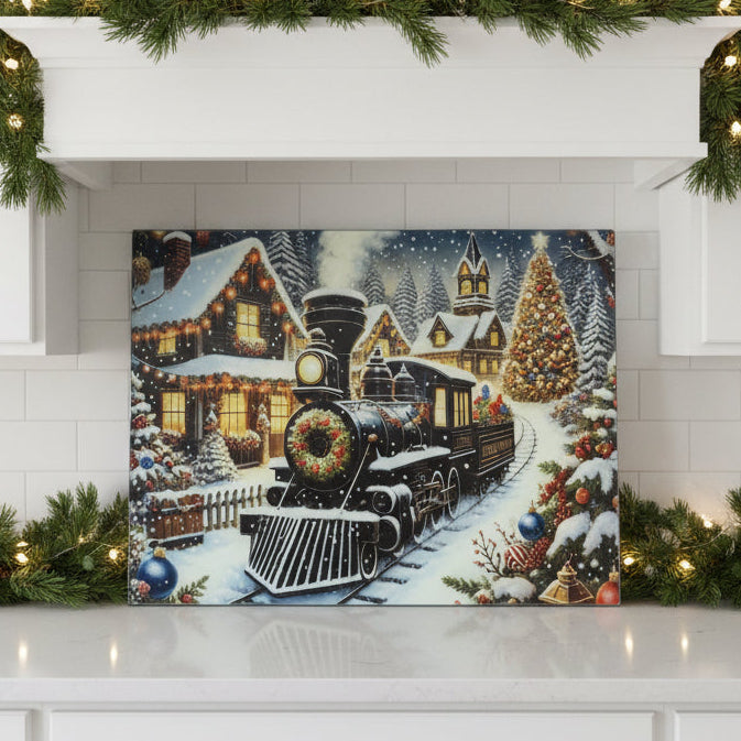 Black Christmas Train Chopping Board/ Splashback A3