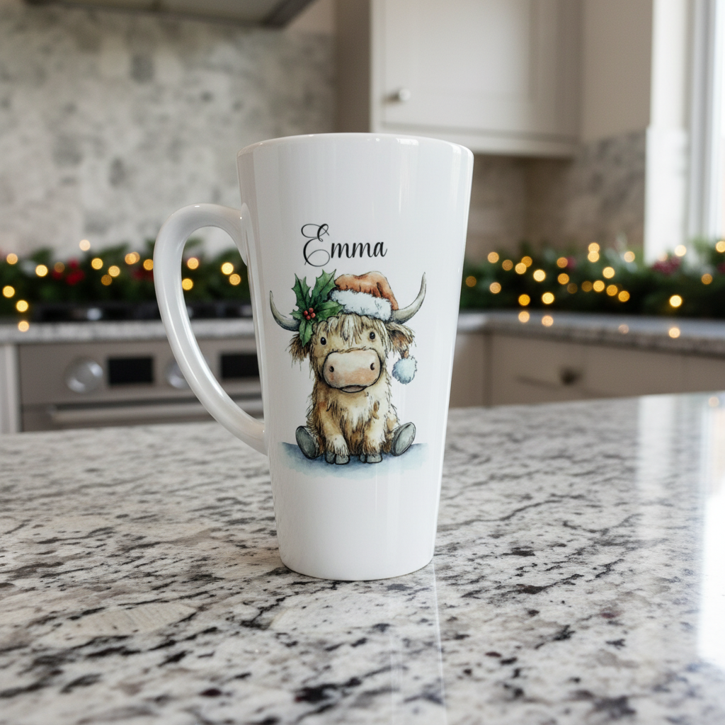 Cute Highland Cow With Santa Hat Latte Ceramic Mug 17oz inc Box