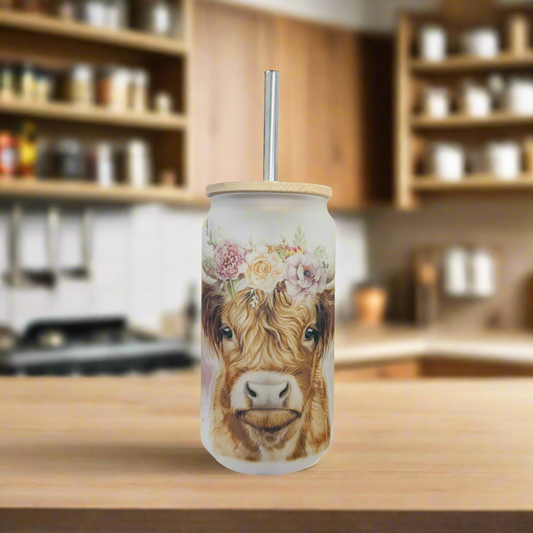 Highland Cow Frosted Glass Can 18oz Tumbler