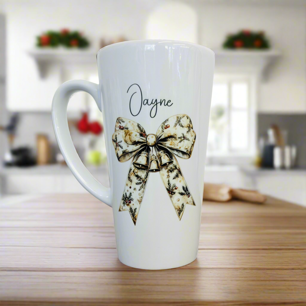 Cream Holly Bow Latte Ceramic Mug 17oz inc Box
