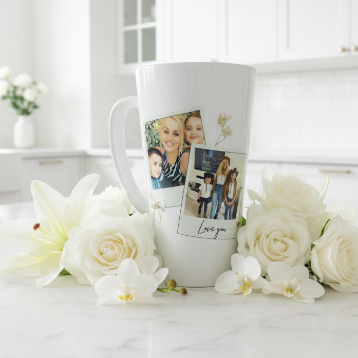 New Latte Ceramic 2 Photo Mug with Bow 17oz inc Box