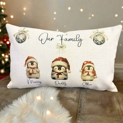 Penguin family Christmas - Filled Cushion