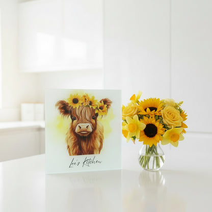 Highland Cow Yellow Sunflower Chopping Board 30cm