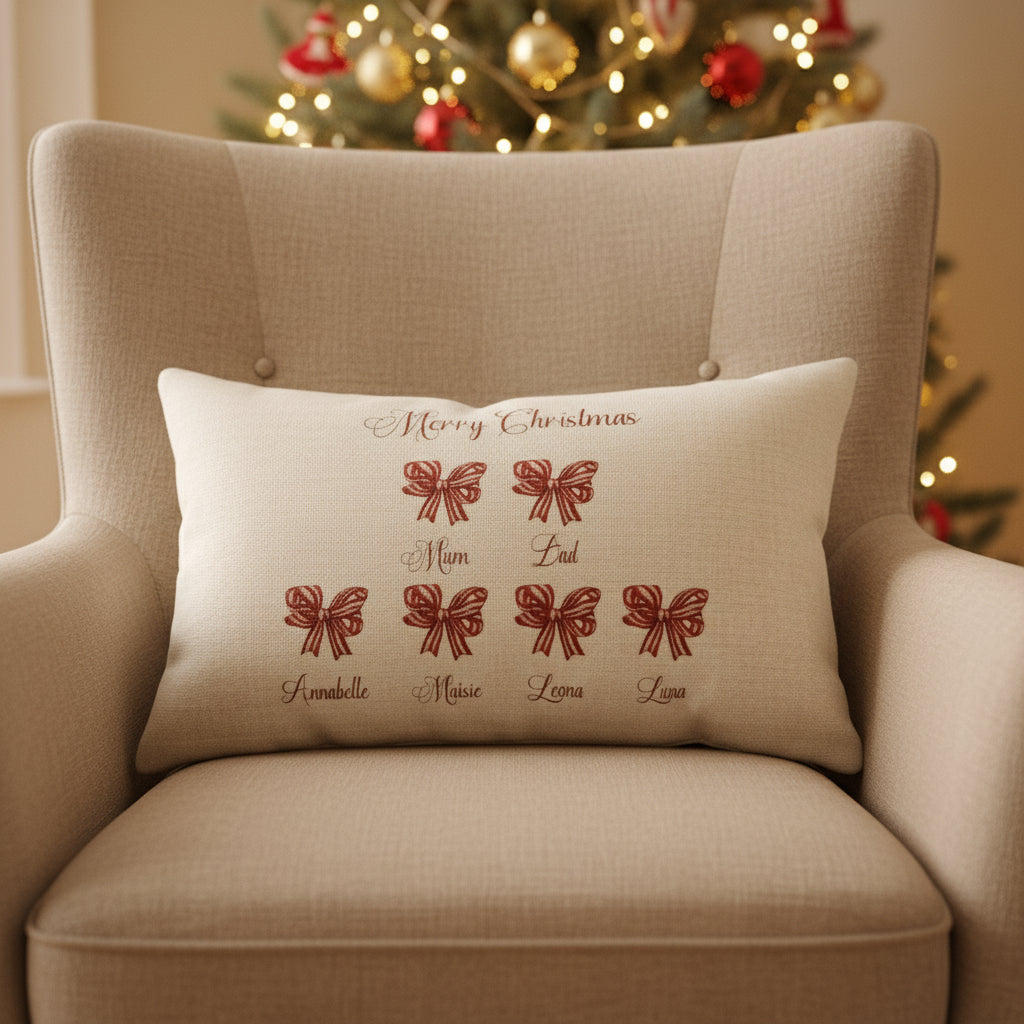 Red and White Striped  Bows family Christmas - Filled Cushion